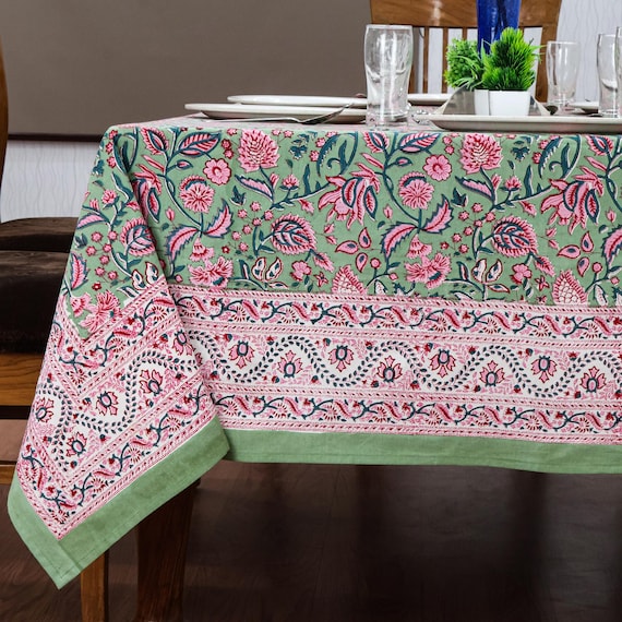 Hand Block Printed Cotton Tablecloth: Pink & Green Floral Dining Decor, Valentines Gifts