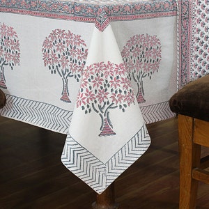 Pink & Grey Dining Tablecloth, Wedding Table Linen, Floral Print Table Top, Cotton Table Cover, Anniversary Gift, Block Printed Napkins