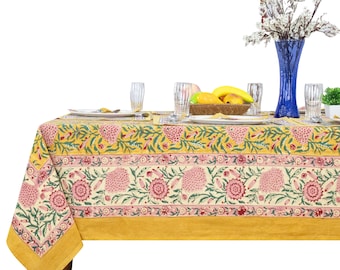 Hand Block Printed Cotton Tablecloth: Indian Floral Dining Table Cover, Valentine Gifts