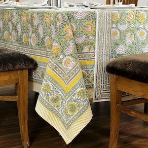 Sage Green Floral Tablecloth, Block Printed Tablecloth, Cotton Table Cover Linen Mats Napkins Set, Rectangle Table Top, Boho Table Cover