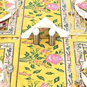Yellow and Pink Floral Table Cloth, Dining Table Cover, Decorative Table Mats and Napkins, Block Printed Cotton Tablecloth