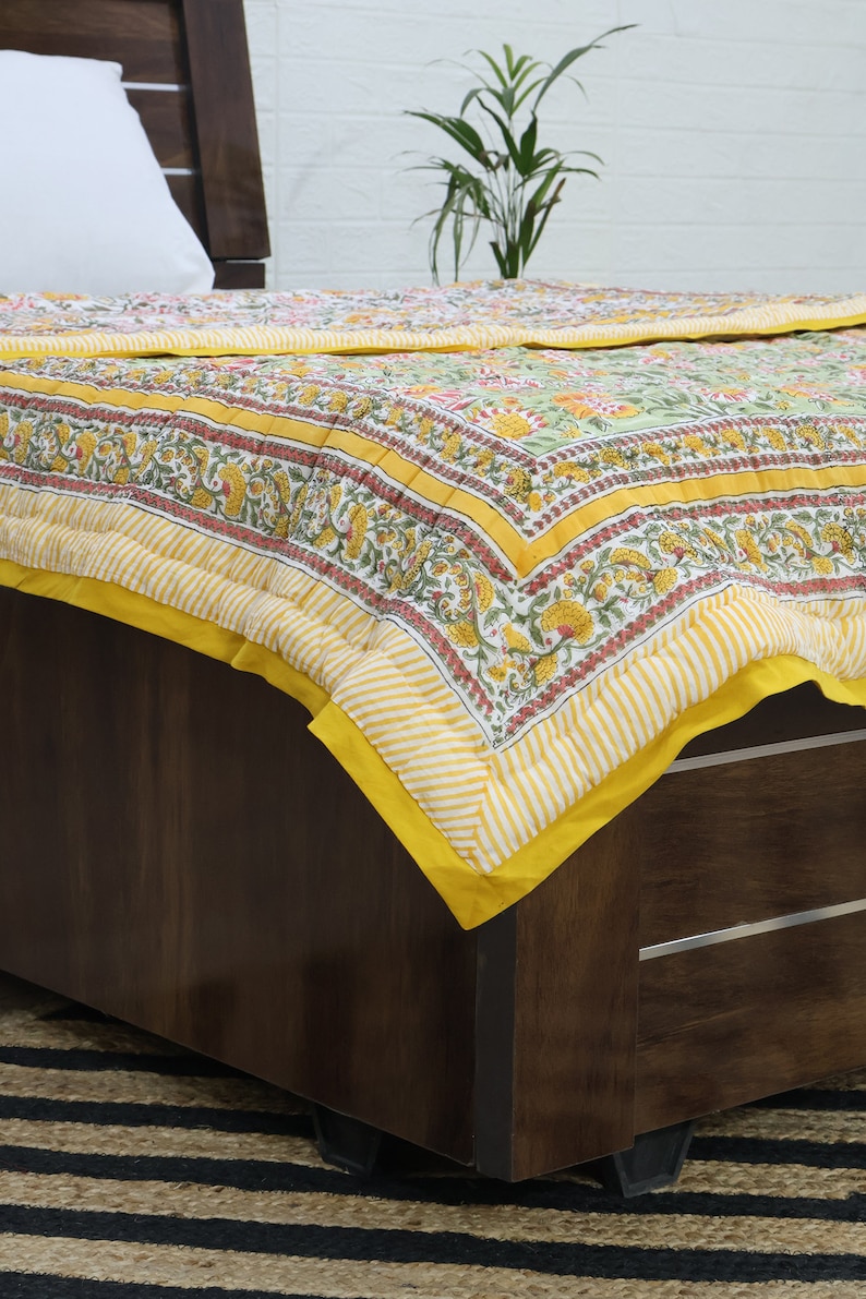 Yellow and Green Indian Hand Block Floral Printed Cotton Quilts Reversible Jaipuri Razai King Quilts Queen Size Quilts Gifts for Dad
Handmade Razai
Cotton Quilt Razai
Reversible Razai
Throw Quilted 
Boho Hippie Quilt
Blanket Razai
Housewarming Gifts