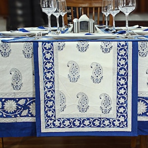Blue and White Tablecloth, Hand Block Printed Tablecloth, Dining Dinner Table Linen, Cotton Cloth, Rectangle Tablecloth, Wedding Table Decor