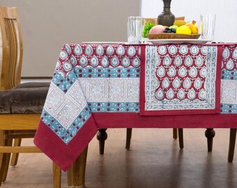 Red Block Printed Tablecloth, Indian Floral Table cloth, Boho Home Decor, Rectangle/Square Tablecloth For Mother's Day Gifts