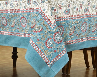 Blue & Red Dining Tablecloth, Cotton Table Cover, Floral Table Linen, Housewarming Gift, Wedding Table Decor, Custom Size Table Cover