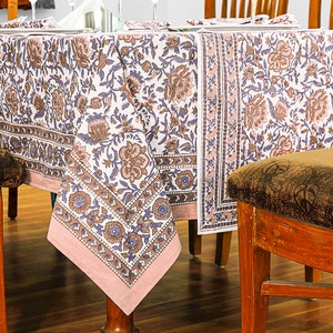 Dining Tablecloth, Floral Table Linen, Cotton Table Cover, Rectangle Table Fabric, Block Printed Napkins, Wedding Gift