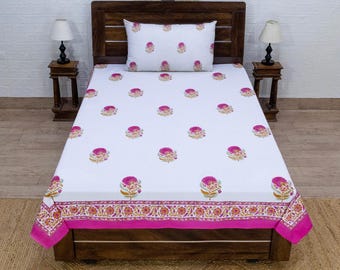 Hand Block Print Cotton Bedsheet, White and Pink Color Beautiful Bed Cover, Bedsheet For Twin, Queen, King, Floral Bedsheet, Christmas Gifts