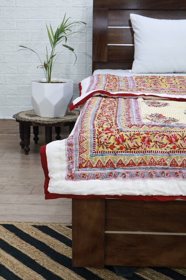 Red Razai Beautiful Hand Block Printed Cotton Quilt, Red Floral Print Quilt ...