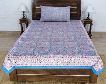 Indisches Bettlaken aus Baumwolle mit Handblockdruck in Grün und Pink - mit traditionellem Baummuster - weiche, leichte Bettwäsche
