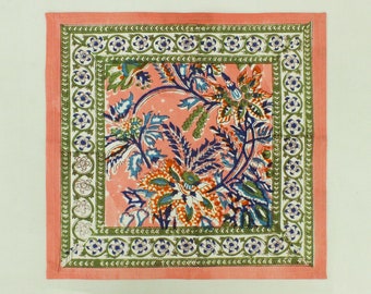Orange & Green Indian Hand Block Print Table Napkin, Floral Pattern Table Napkins for Dining, Aesthetic Cotton Handkerchief, Gifts for Women