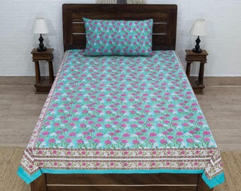 Green & Pink Hand Block Printed Cotton Bedsheet – Floral Indian Bed Cover for Twin, Queen, or King – Beautiful Bed Sheet For Gifts