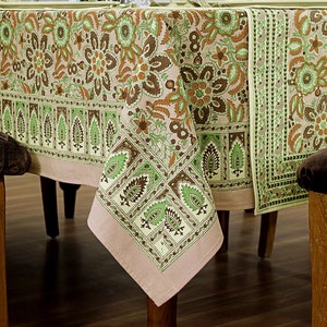 Oranje en groen bloementafelkleed, Boheems tafelkleed, handgemaakt tafelblad, huwelijksgeschenk, Indiaas tafellinnen