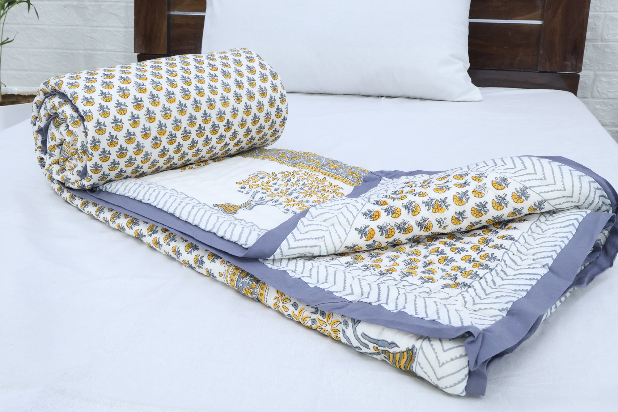 Yellow and White Indian Hand Block Tree Printed Cotton Quilts Reversible Jaipuri Razai King Quilts Queen Size Quilts