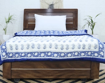Blue and White Indian Hand Block Printed Cotton Quilts For Single Bed Reversible Jaipuri Razai Valentines Gifts