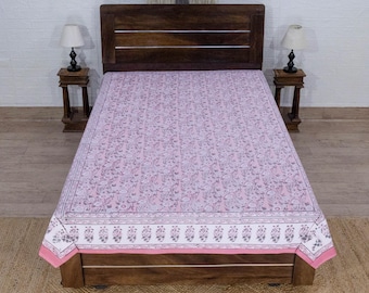 Hand Block Print Cotton Bedsheet, Pink Color Beautiful Bed Cover, Bedsheet For Twin, Queen, King, Floral Bedsheet, Christmas Gifts