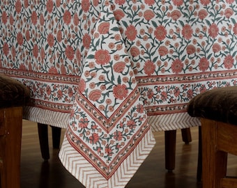 Nappe de table imprimée en bloc rouge et blanc, nappe de table à manger, couverture de table imprimée en bloc à la main