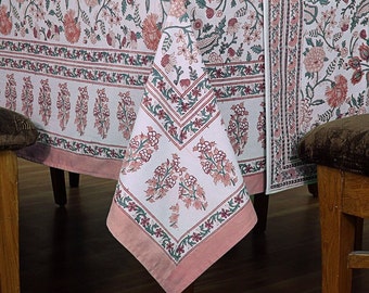 Rosy Brown and Light Pink Indian Hand Block Printed Cotton Tablecloth, Table Cover Gifts for  Christmas, Floral Print Table Cover For Table