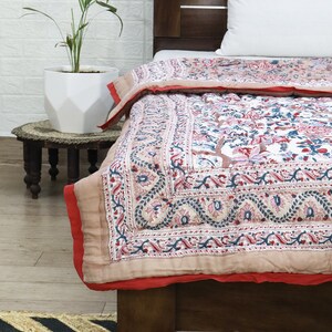 Cream Multicolor  Hand Block Printed Quilted Blanket 100% Cotton Quilt, Aesthetic Winter Warm Quilt, Luxury Reversible Quilt Jaipur Razai