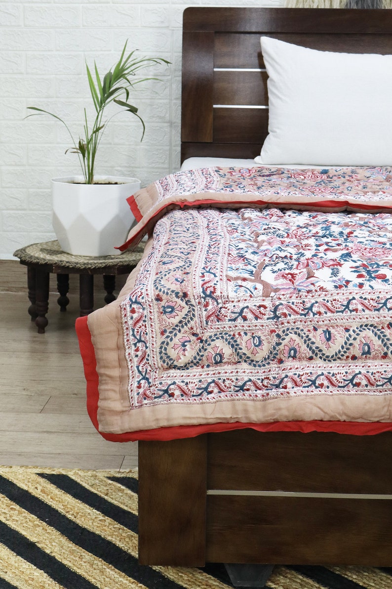 Cream Multicolor  Hand Block Printed Quilted Blanket 100% Cotton Quilt, Aesthetic Winter Warm Quilt, Luxury Reversible Quilt Jaipur Razai