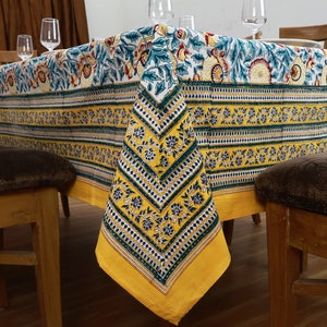 Green and Yellow Floral Table Cloth, Block Print Table Cover, Cotton Table Linen, Dinning Tablecloth, Wedding Table Cloth, Housewarming Gift
