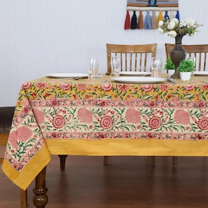 Hand Block Printed Cotton Tablecloth: Indian Floral Dining Table Cover