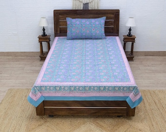 Floral Blue and Pink Hand Block Print Cotton Bed Cover, Available in King, Queen, Twin  Sizes, Bedsheet for Christmas Gift, Home Decor