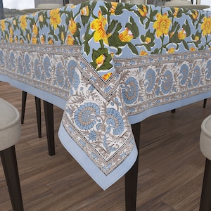 Yellow and Blue Floral Block Printed Table Cloth, Dining Table Decor Cloth, Vintage Style Table Cloth, Elegant Cotton Printed Table Napkins