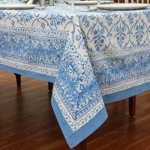 Cyan Blue and White Rectangle Table Cover, Floral Tablecloth, Block Printed Mats & Napkins, Dining Table Decor, Christmas Gift
