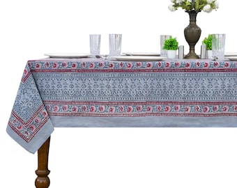Rote und blaugrüne handbedruckte Tischdecke, florale Tischdecke aus Baumwolle, rechteckige Tischdecke, indische Tischwäsche, Holzblockdrucke