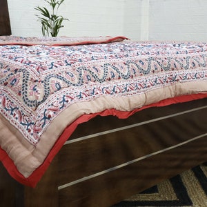 Cream Multicolor  Hand Block Printed Quilted Blanket 100% Cotton Quilt, Aesthetic Winter Warm Quilt, Luxury Reversible Quilt Jaipur Razai