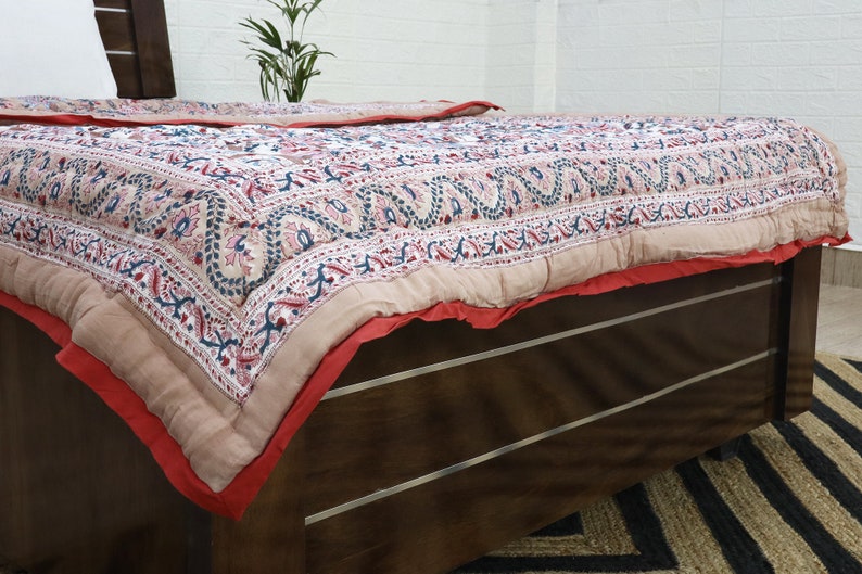 Cream Multicolor  Hand Block Printed Quilted Blanket 100% Cotton Quilt, Aesthetic Winter Warm Quilt, Luxury Reversible Quilt Jaipur Razai