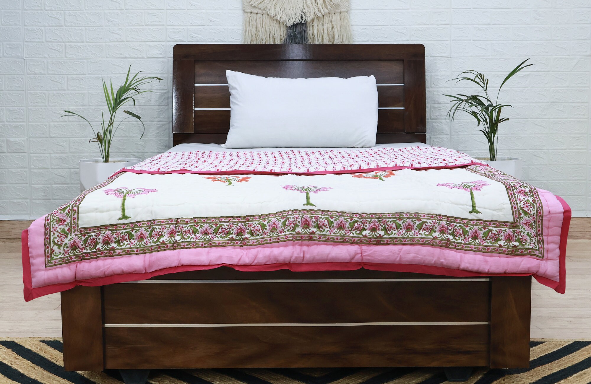 White and Pink Traditional Handmade Cotton Razai, Ethnic Winter Warm ...