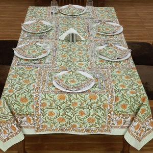 Floral Green Indian Floral Hand Block Printed Cotton Cloth Tablecloth, Table Cover, Dining Table Cloth, Home Decor Tablecloth, Gifts for Her