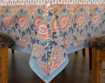 Multicolor Hand Block Print Cotton Tablecloth – Aesthetic Orange Floral Print Table Cover for Dining, Parties, Weddings, Home Décor & Gifts