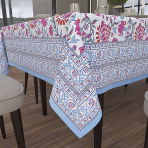 Red and Blue Block Printed Table Cover, Dining Tablecloth, Hand Block Print Napkins, Floral Tablecloth, Housewarming Gifts, Table Napkins