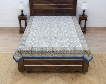 Hand Block Print Cotton Bed Cover, Floral Yellow Blue, Twin-King