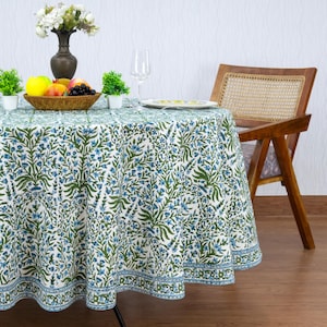 Tischdecke aus eingelegtem grünem und weißem Leinen, runde Tischdecke, handbedruckte Abdeckung, Partytischabdeckung, Esstischplatte
