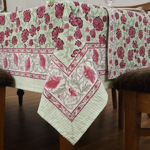 Pink and Green Hand Block Printed Table Cover, Rectangle Table Cover,  Floral Print Tablecloth for Dining and Kitchen and Restaurant.