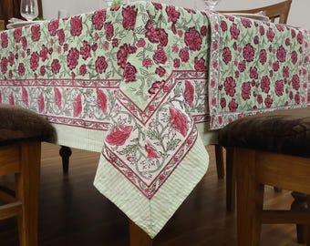 Pink and Green Hand Block Printed Table Cover, Rectangle Table Cover,  Floral Print Tablecloth for Dining and Kitchen and Restaurant.
