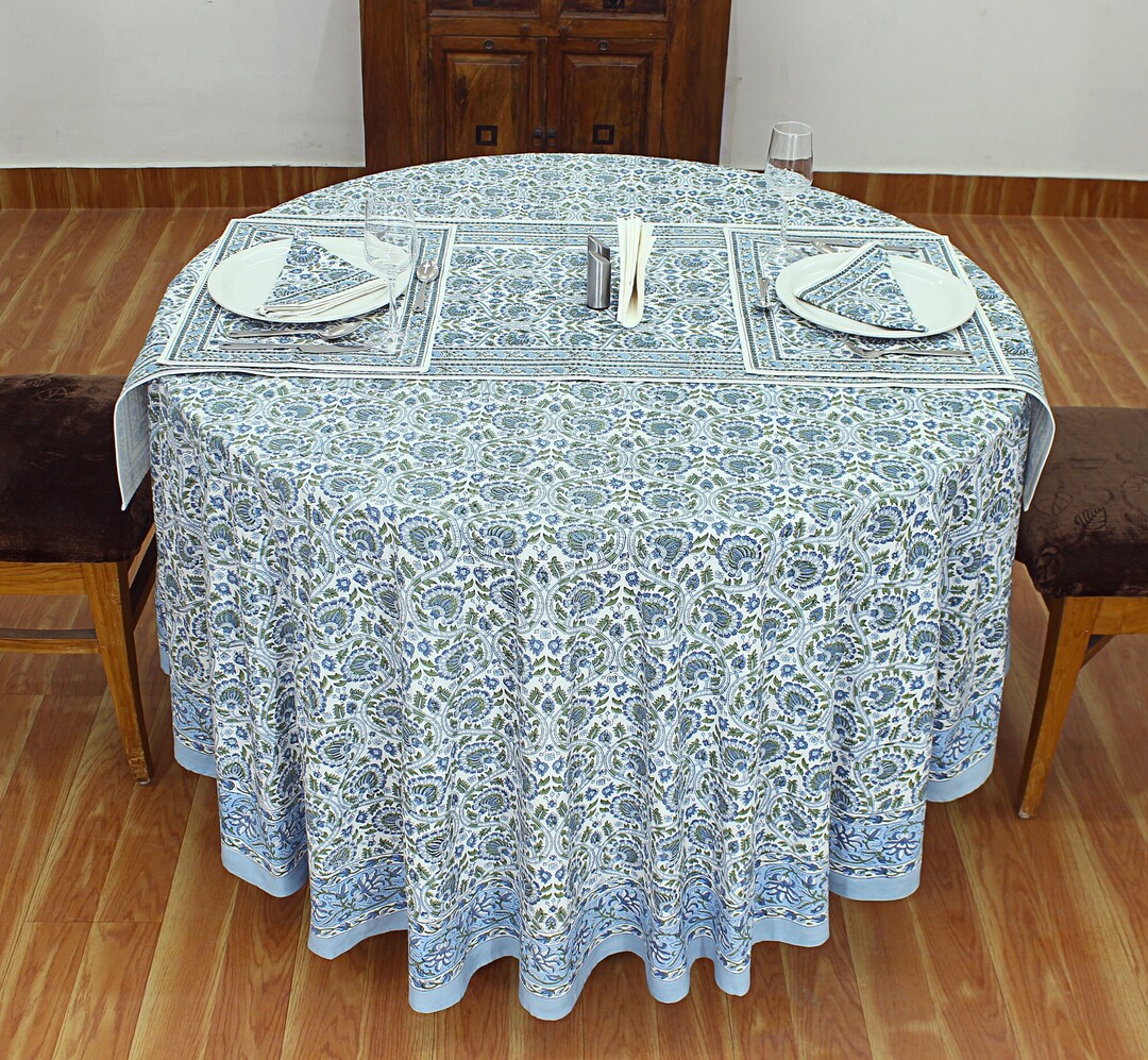Blue Round Tablecloth, India Block Print, Floral Cotton Tablecloth