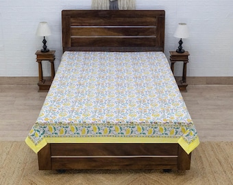Hand Block Print Cotton Bed Cover, Green & Yellow Floral Bedsheet