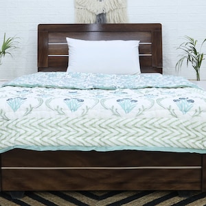 Light Green and White Hand Block Print Quilt  Indian Reversible Razai Cotton Handmade Floral Quilt Jaipuri Razai Comforter Throw Blankets