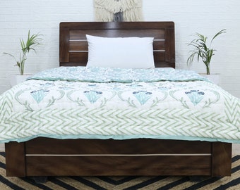 Light Green and White Hand Block Print Quilt  Indian Reversible Razai Cotton Handmade Floral Quilt Jaipuri Razai Comforter Throw Blankets