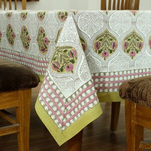 White & Yellow Luxury Cotton Tablecloth, Block Cotton Printed Cover, Dining Table Cloth, Floral Tablecloth, Christmas and Housewarming Gifts