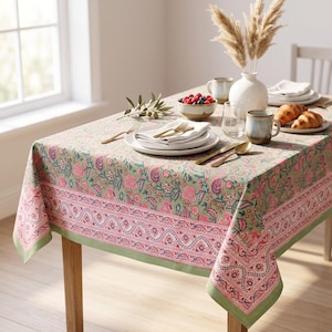 Cubierta de mesa estampada con bloque floral azul y blanco, mantel de algodón de lujo, servilletas impresas en bloque, ropa de mesa india