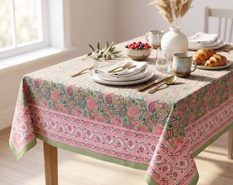 Blaue und weiße florale Block bedruckte Tischdecke, Luxus-Baumwoll-Tischdecke, Block bedruckte Servietten, Valentinstag-Tischdecke