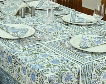 Blue and White  Hand Block Printed Cotton Tablecloth, Dining Table Cover Farmhouse Party Wedding Home Housewarming Baby Shower