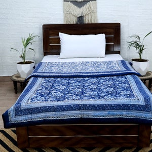 Blue Hand Block Print Quilt, Indian Reversible Razai Cotton Handmade Floral Quilt, Jaipuri razai Comforter Bedspread Blanket Indian Razai