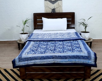 Blue Hand Block Print Quilt, Indian Reversible Razai Cotton Handmade Floral Quilt, Jaipuri razai Comforter Bedspread Blanket Indian Razai