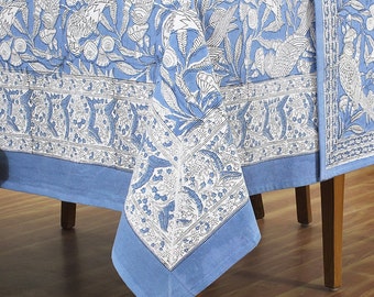 Blue And White Hand Block Printed Table Cloth, Valentine Table Cover, Rectangle Dining Table Linens, Blue Table Cover, Blockprint Tablecloth
